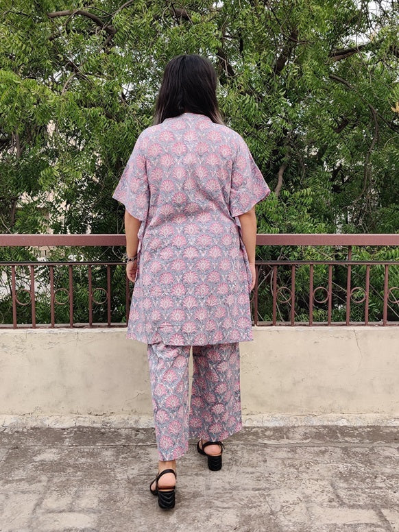 Grey Pink Hand Block Printed Shirt Kaftan Coordinated Set