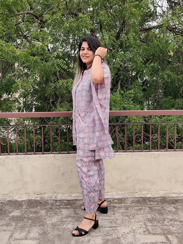 Grey Pink Hand Block Printed Shirt Kaftan Coordinated Set