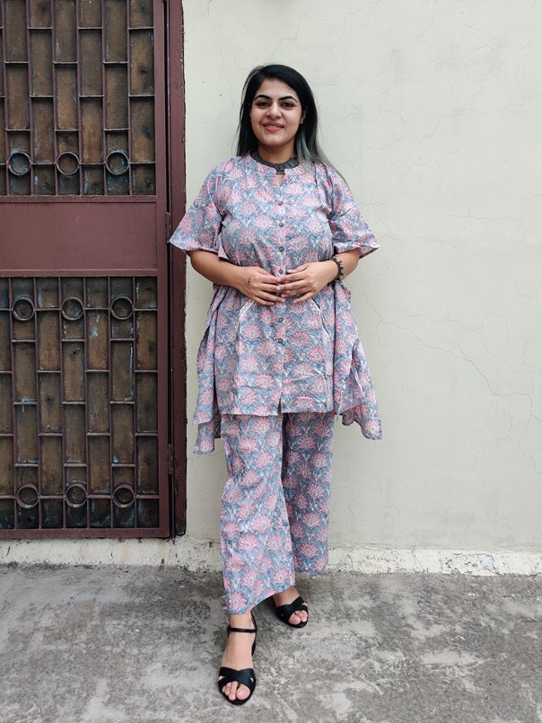 Grey Pink Hand Block Printed Shirt Kaftan Coordinated Set