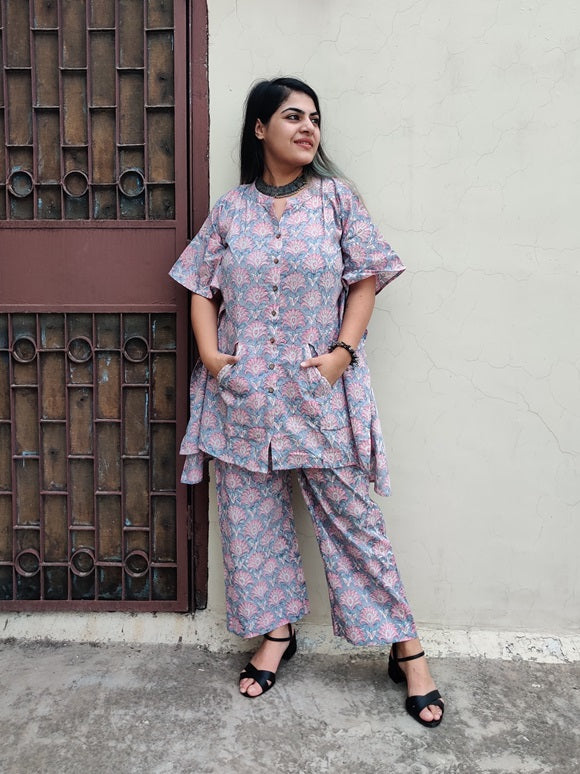 Grey Pink Hand Block Printed Shirt Kaftan Coordinated Set