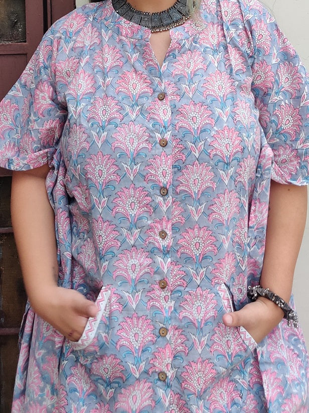 Grey Pink Hand Block Printed Shirt Kaftan Coordinated Set
