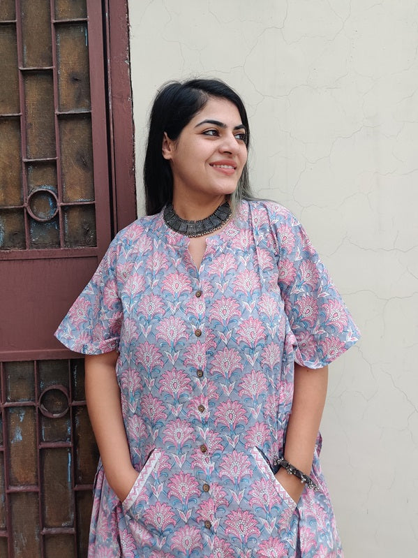 Grey Pink Hand Block Printed Shirt Kaftan Coordinated Set