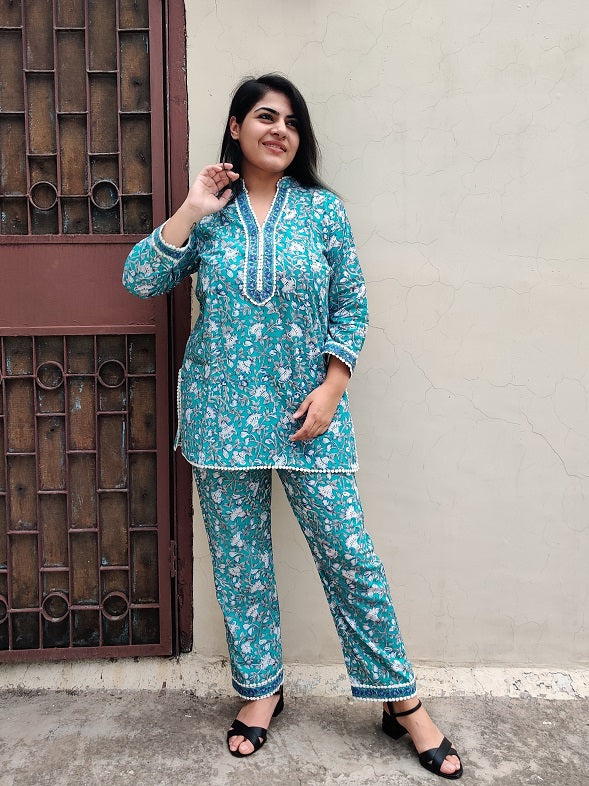 Green Blue Hand Block Printed Short Kurti Coordinated Set with Lace Detailing