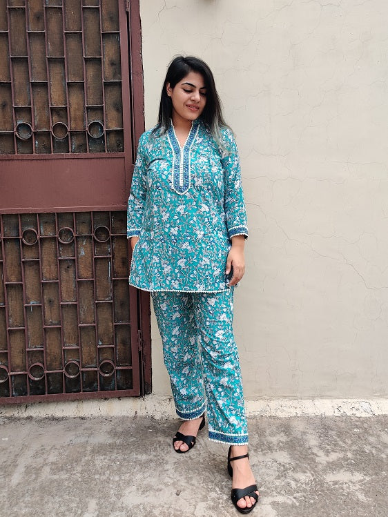 Green Blue Hand Block Printed Short Kurti Coordinated Set with Lace Detailing