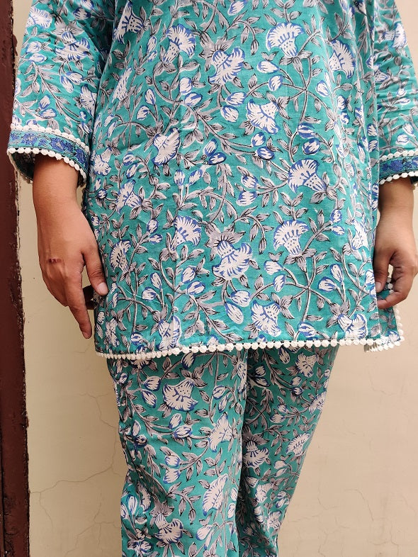 Green Blue Hand Block Printed Short Kurti Coordinated Set with Lace Detailing