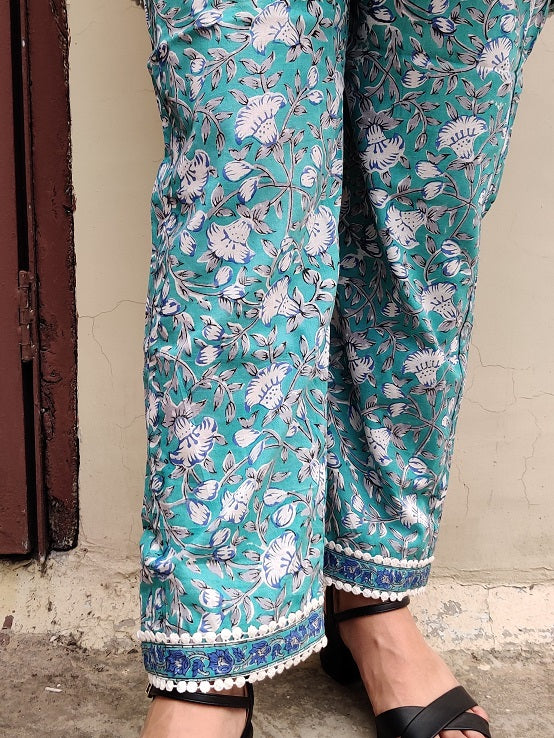 Green Blue Hand Block Printed Short Kurti Coordinated Set with Lace Detailing