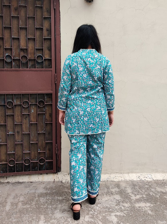 Green Blue Hand Block Printed Short Kurti Coordinated Set with Lace Detailing