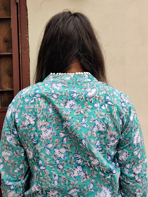 Green Blue Hand Block Printed Short Kurti Coordinated Set with Lace Detailing