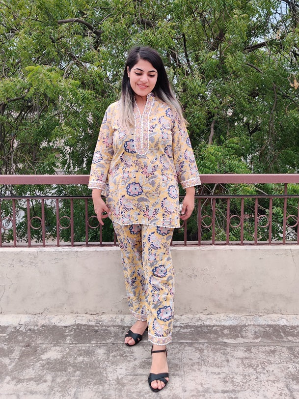 Yellow Peach Hand Block Printed Short Kurti Coordinated Set with Lace Detailing