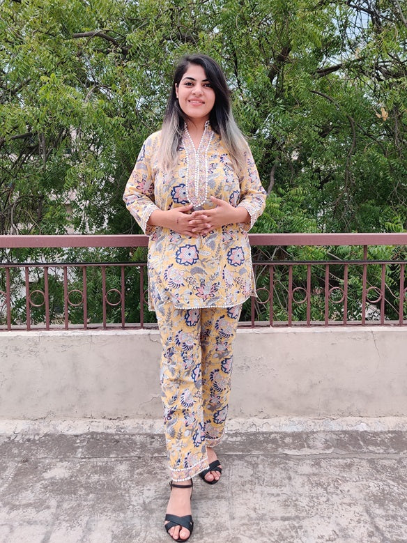 Yellow Peach Hand Block Printed Short Kurti Coordinated Set with Lace Detailing