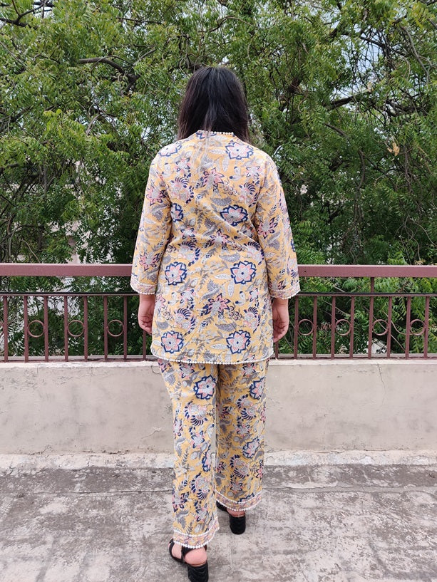 Yellow Peach Hand Block Printed Short Kurti Coordinated Set with Lace Detailing