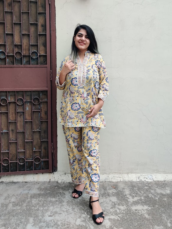 Yellow Peach Hand Block Printed Short Kurti Coordinated Set with Lace Detailing