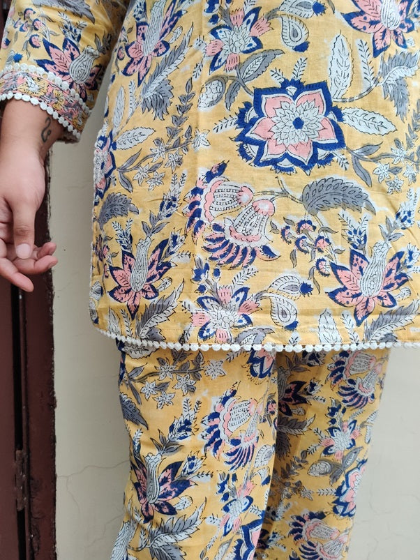 Yellow Peach Hand Block Printed Short Kurti Coordinated Set with Lace Detailing