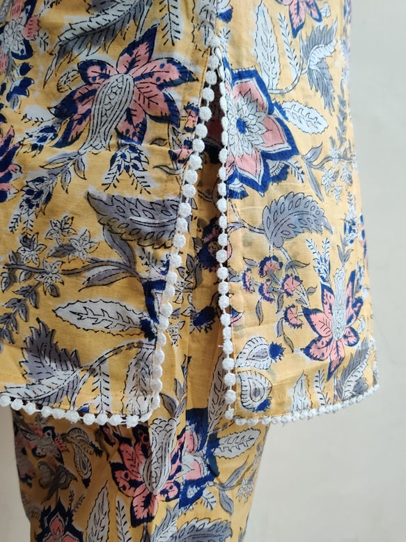 Yellow Peach Hand Block Printed Short Kurti Coordinated Set with Lace Detailing