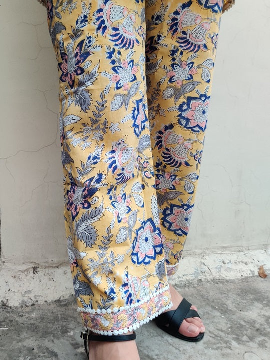 Yellow Peach Hand Block Printed Short Kurti Coordinated Set with Lace Detailing