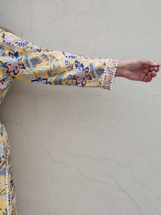 Yellow Peach Hand Block Printed Short Kurti Coordinated Set with Lace Detailing