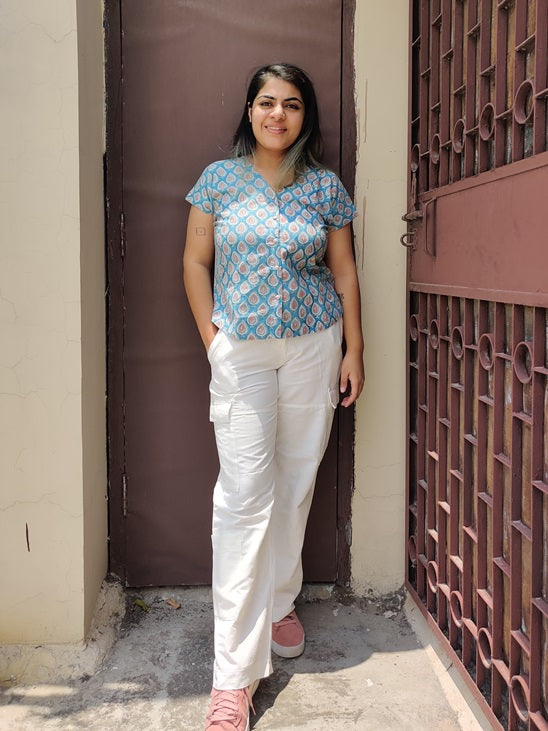 Blue Pink Hand Block Printed Shirt with Mega Sleeves