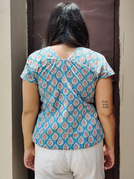 Blue Pink Hand Block Printed Shirt with Mega Sleeves