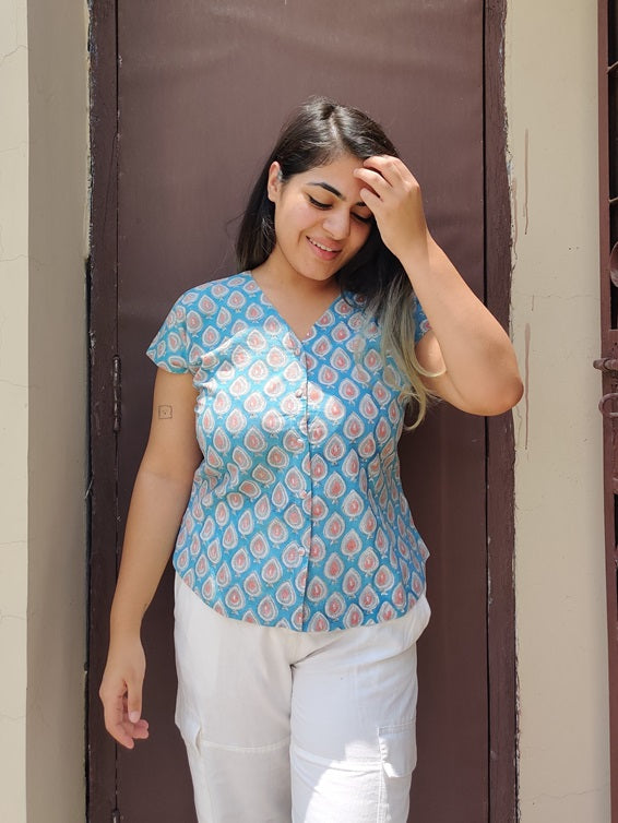Blue Pink Hand Block Printed Shirt with Mega Sleeves