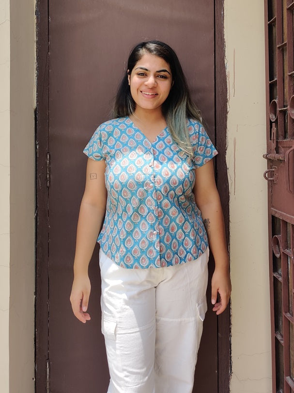 Blue Pink Hand Block Printed Shirt with Mega Sleeves