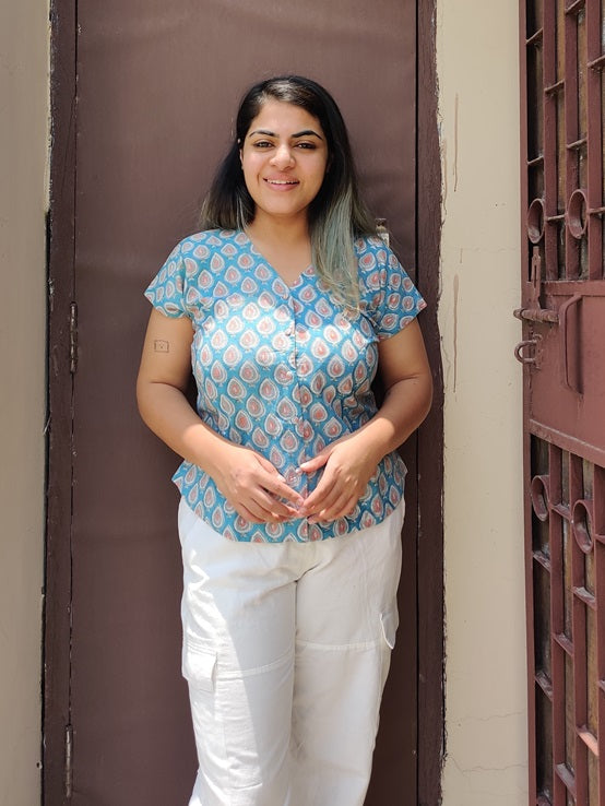 Blue Pink Hand Block Printed Shirt with Mega Sleeves