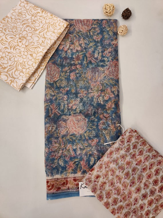 Blue Red Floral Hand Block Printed Kota Suit Set