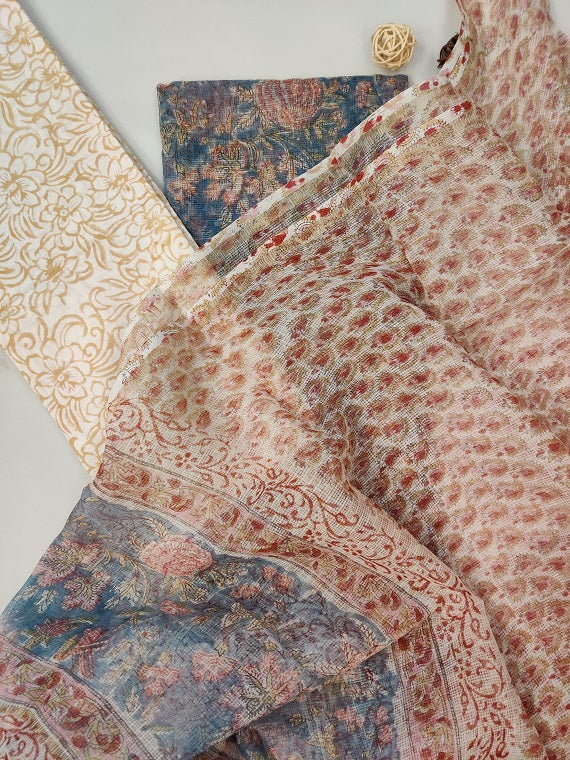 Blue Red Floral Hand Block Printed Kota Suit Set