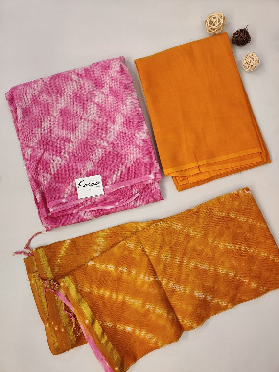 Pink Yellow Shibori Hand Block Printed Kota Suit Set