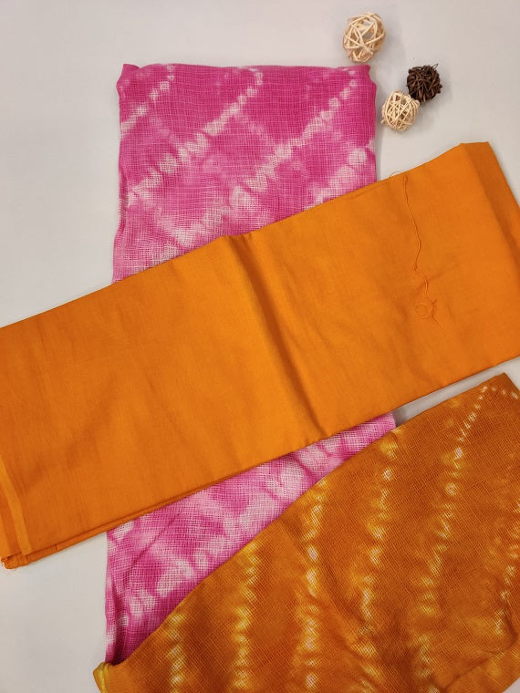 Pink Yellow Shibori Hand Block Printed Kota Suit Set