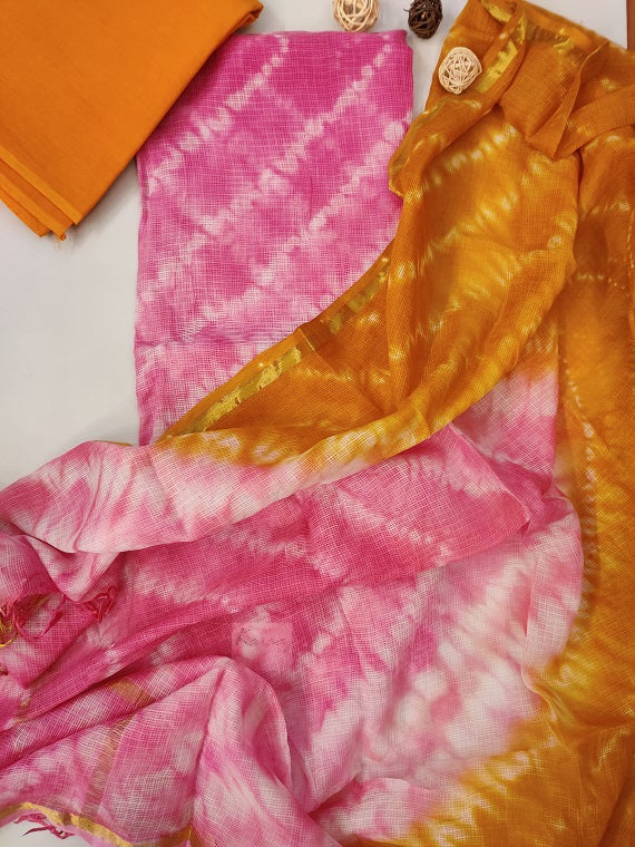 Pink Yellow Shibori Hand Block Printed Kota Suit Set