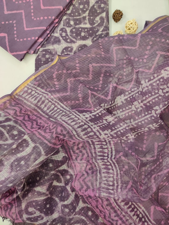 Purple Dabu Hand Block Printed Kota Suit Set