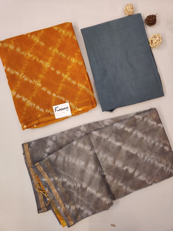 Mustard Grey Shibori Cotton Kota Suit Set