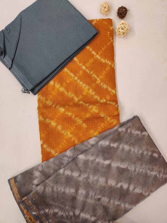 Mustard Grey Shibori Cotton Kota Suit Set
