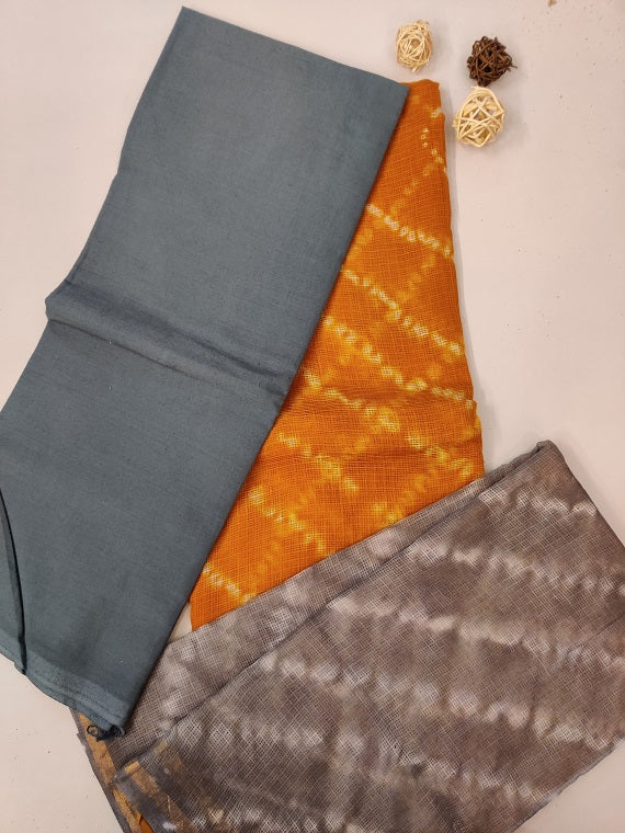 Mustard Grey Shibori Cotton Kota Suit Set