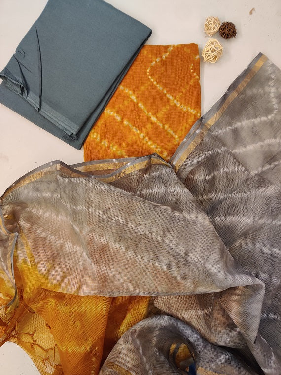 Mustard Grey Shibori Cotton Kota Suit Set
