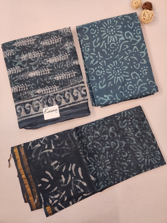Teal Dabu Hand Block Printed Cotton Kota Suit Set