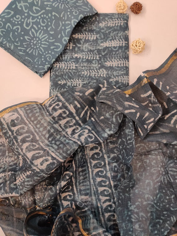 Teal Dabu Hand Block Printed Cotton Kota Suit Set