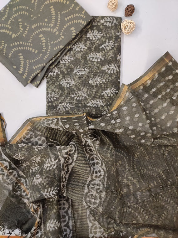 Mehndi Green Dabu Hand Block Printed Cotton Kota Suit Set