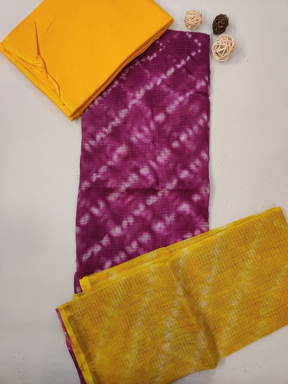 Purple Yellow Shibori Cotton Kota Suit Set