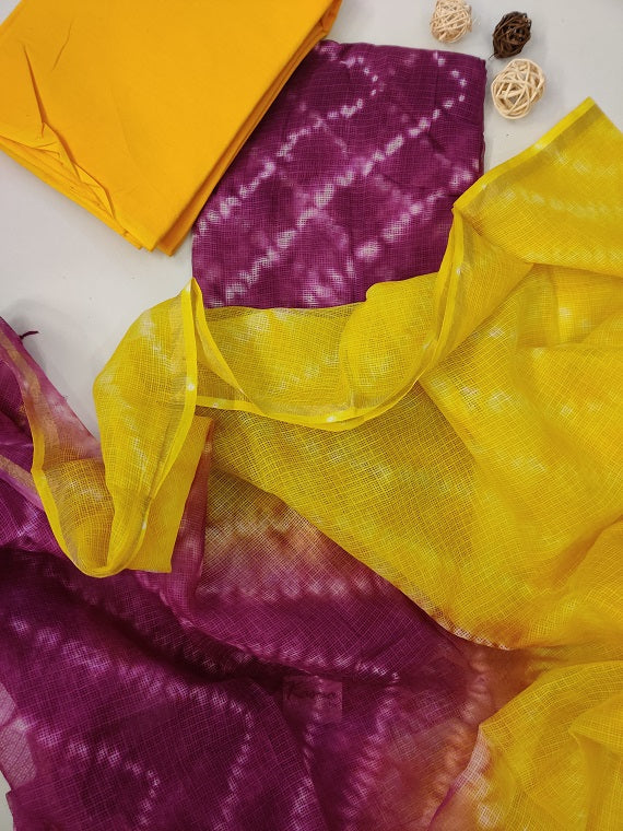 Purple Yellow Shibori Cotton Kota Suit Set