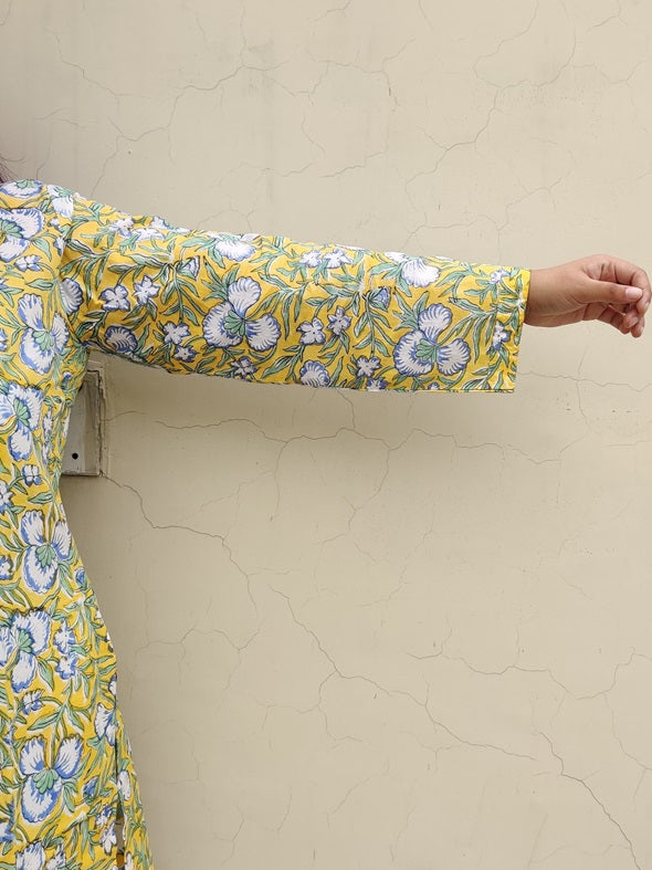 Yellow Blue Floral Hand Block Printed Cotton Long Kurta