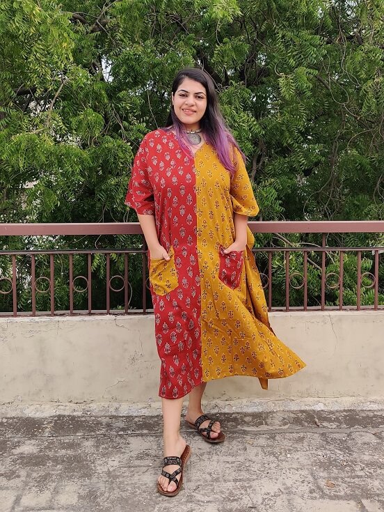 Red Yellow Ajrakh Hand Block Printed Half Half Kaftan