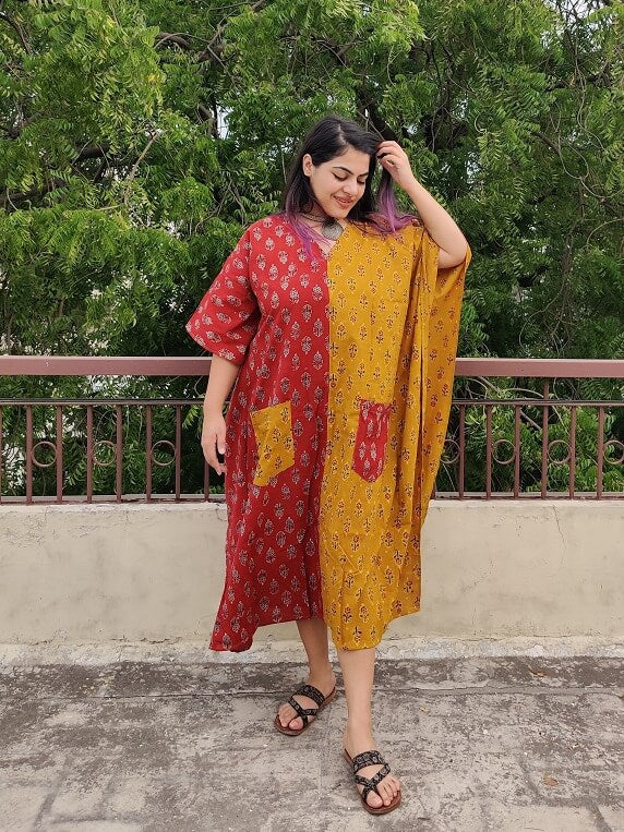 Red Yellow Ajrakh Hand Block Printed Half Half Kaftan