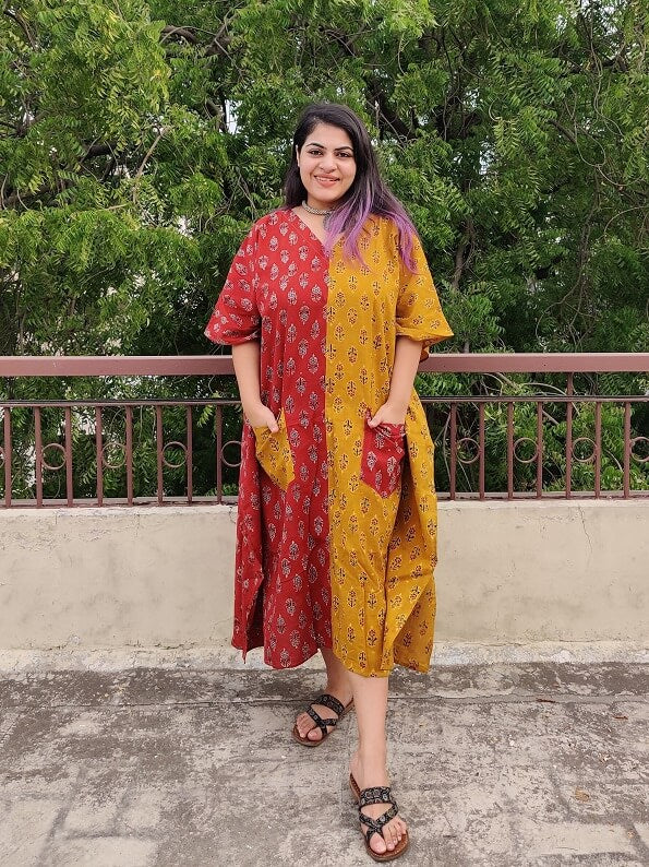 Red Yellow Ajrakh Hand Block Printed Half Half Kaftan