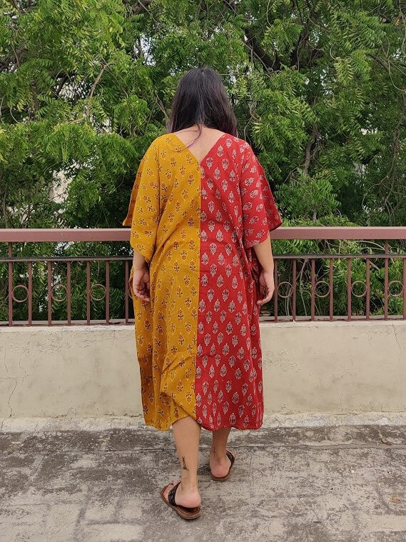 Red Yellow Ajrakh Hand Block Printed Half Half Kaftan