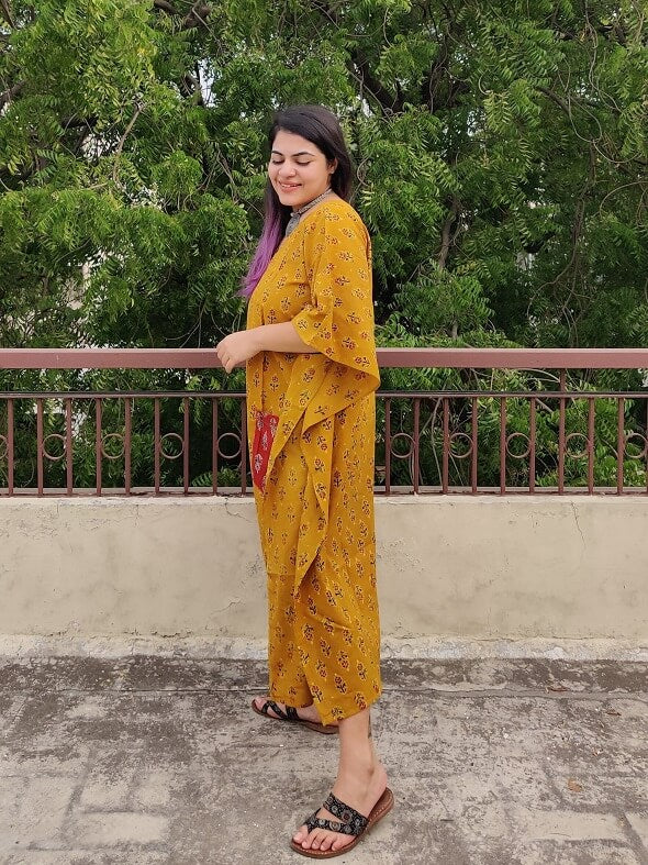 Red Yellow Ajrakh Hand Block Printed Half Half Kaftan