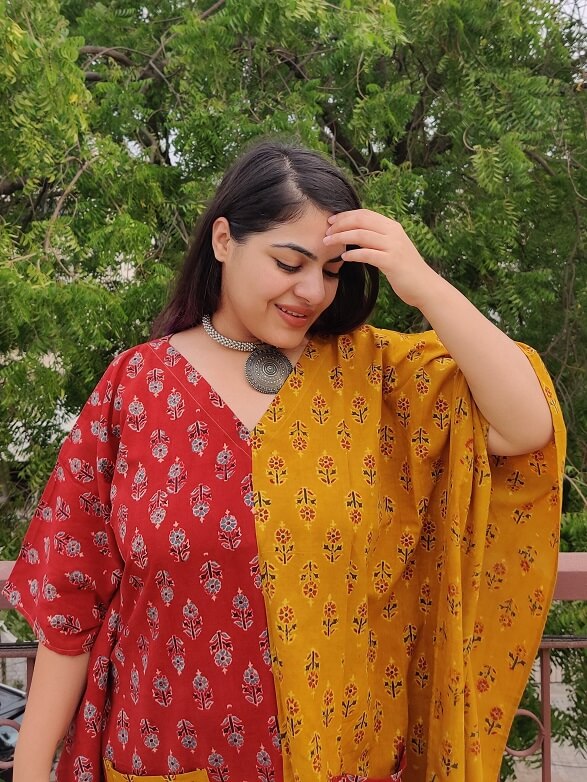 Red Yellow Ajrakh Hand Block Printed Half Half Kaftan