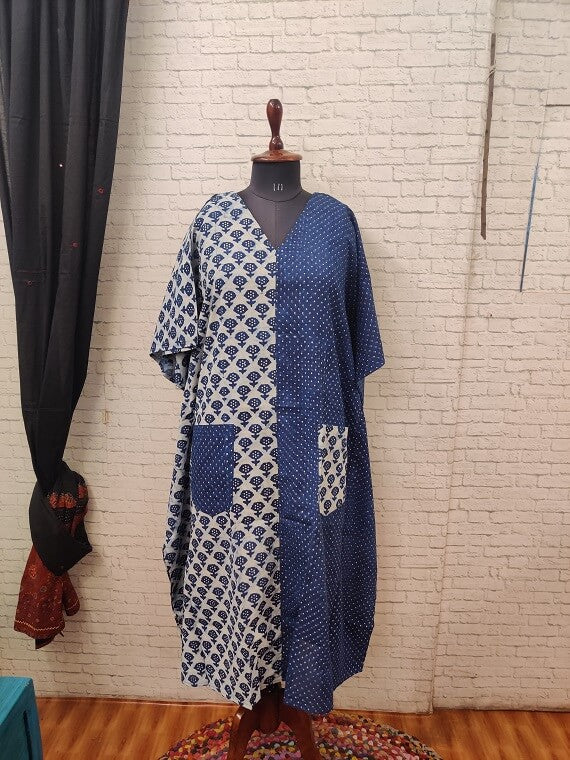 Indigo White Hand Block Printed Half Half Kaftan