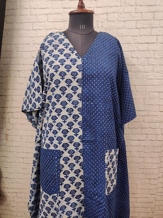 Indigo White Hand Block Printed Half Half Kaftan
