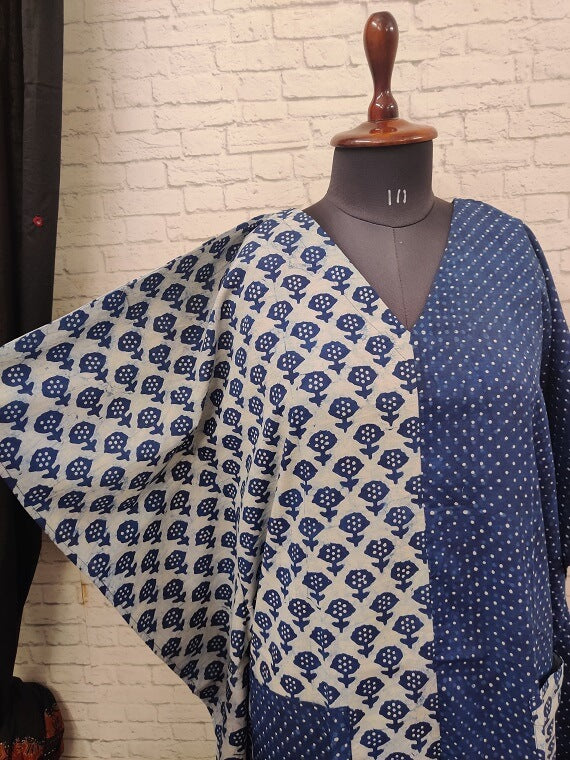 Indigo White Hand Block Printed Half Half Kaftan